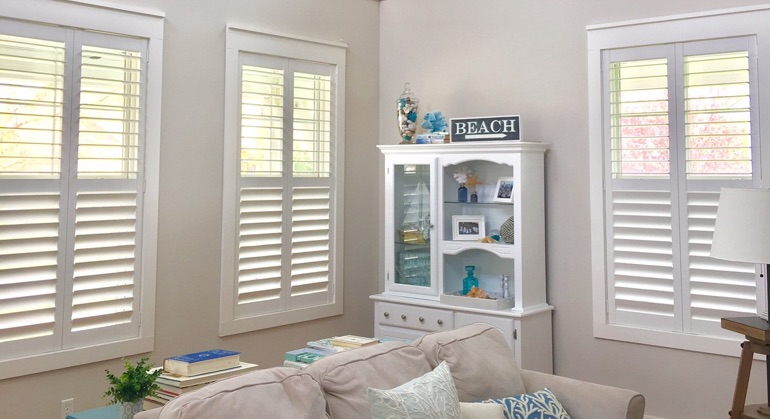 faux wood shutters in Southern California great room